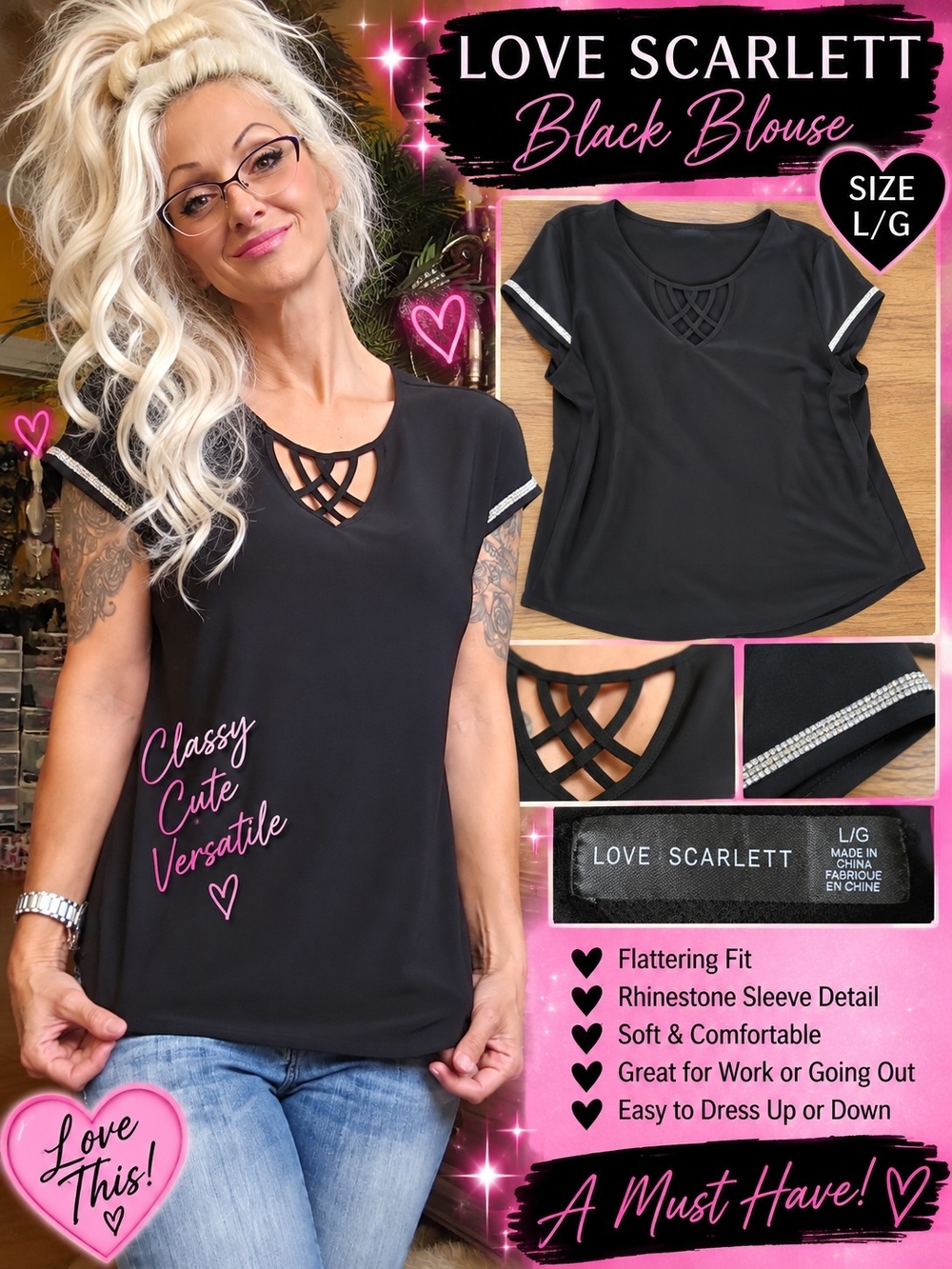Scarlett Black Short Sleeve Blouse with Rhinestone Trim Goth Sexy Witchy Glam